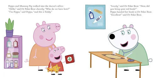Illustration from a children's book with Peppa Pig and her family at a doctor's office.