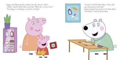 Illustration from a children's book with Peppa Pig and her family at a doctor's office.