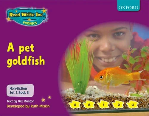Book cover of 'A pet goldfish' from Read Write Inc. Phonics with a purple background and an inset of a person with a goldfish in an aquarium.