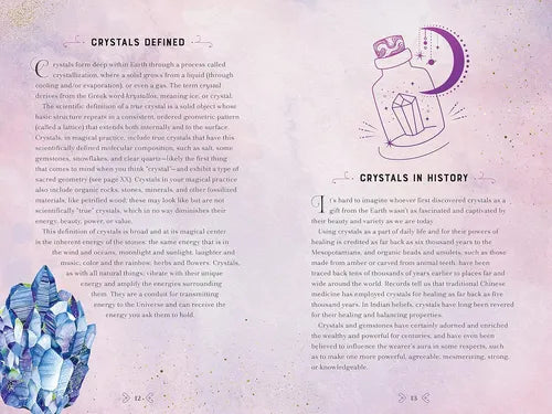 Book page about crystals with text and illustrations on a pink background