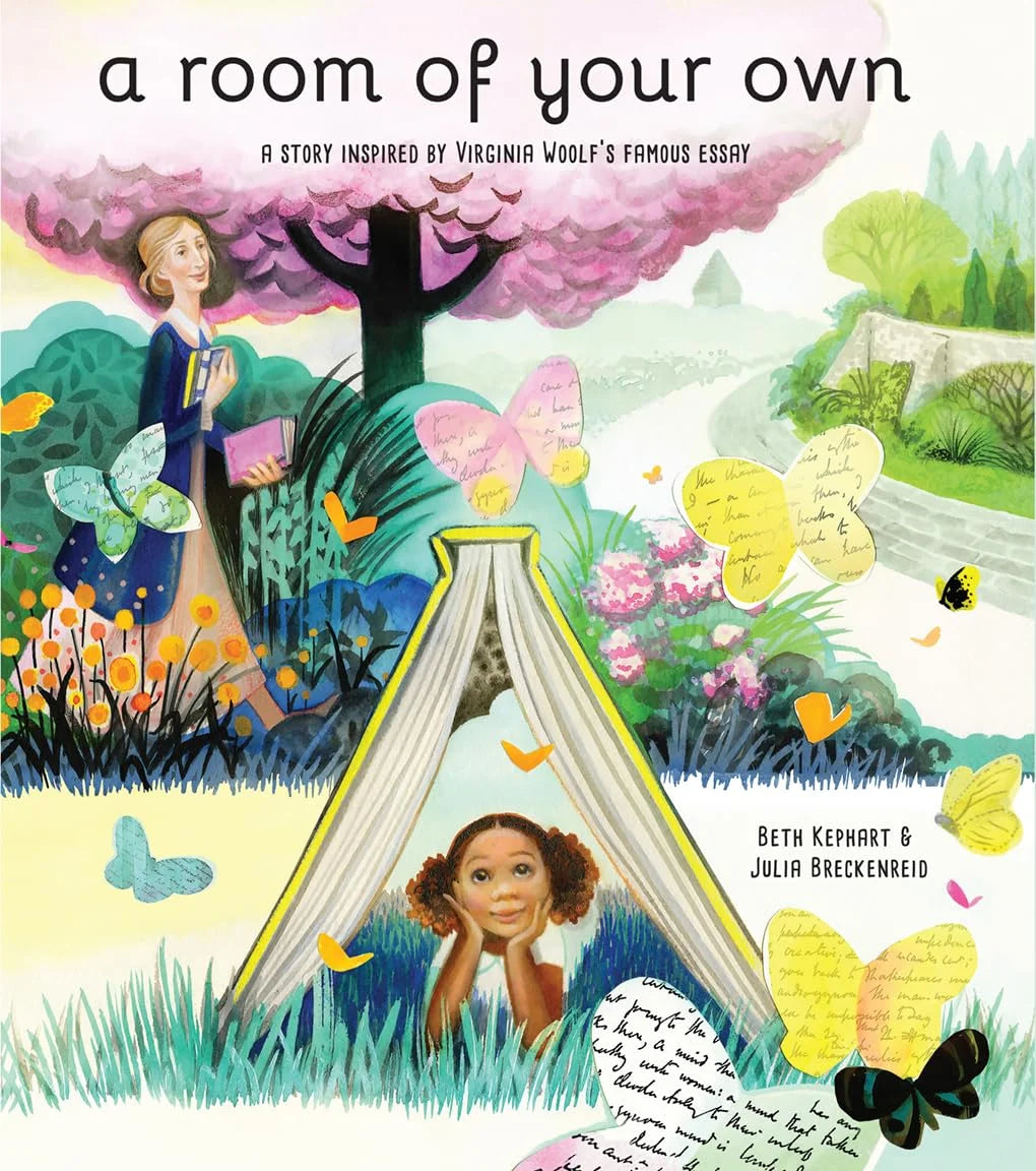 Book cover of 'A Room of Your Own' with illustrations of a girl in a garden and an open book.