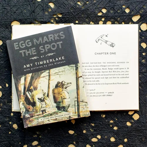Book titled 'Egg Marks the Spot' by Amy Timberlake on a dark surface with gold spots