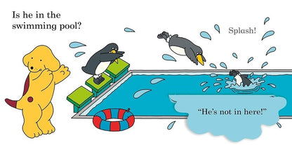 Illustration of a dog and penguins by a pool with text and water splashes.