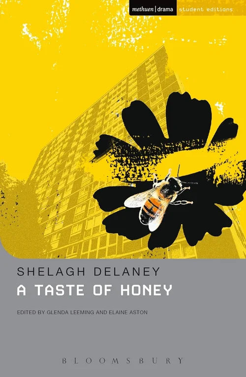 Book cover of 'A Taste of Honey' by Shelagh Delaney with a bee and flower design on a yellow background.
