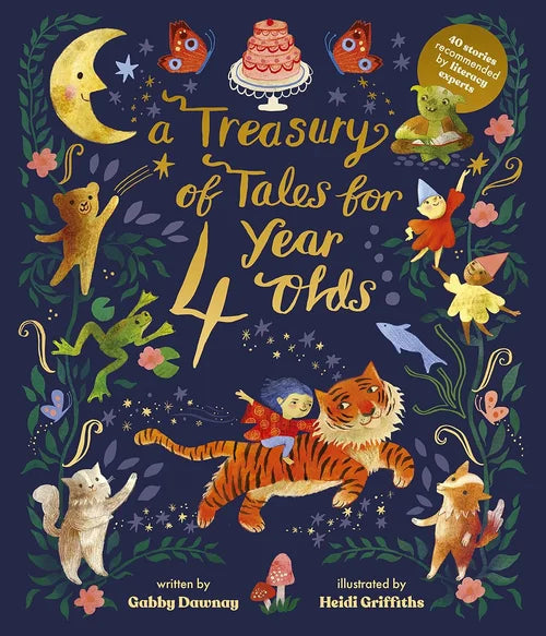 Book cover of 'A Treasury of Tales for Year 4 Odds' with illustrations of animals and fantasy elements on a dark blue background.