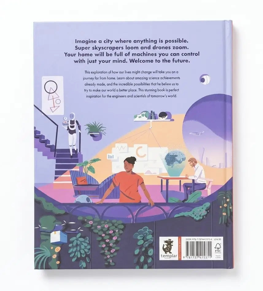 The back cover of a hardcover book titled 'Welcome to the Future' by Jessica Howard, featuring a colorful, imaginative sci-fi illustration with a person in an orange shirt sitting in a chair, a robot walking up stairs, and futuristic city elements.