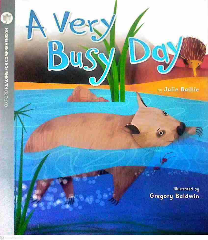 Book cover of 'A Very Busy Day' with a armadillo illustration.