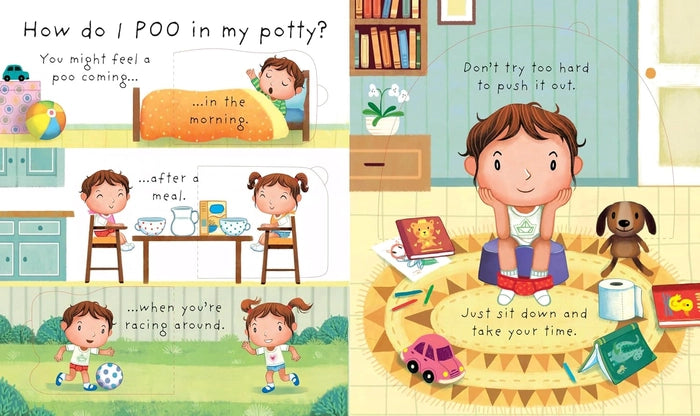 Children's book page about using a potty with illustrations and text.