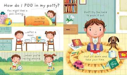 Children's book page about using a potty with illustrations and text.
