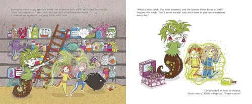 Illustrated book page with colorful characters and objects on a white background