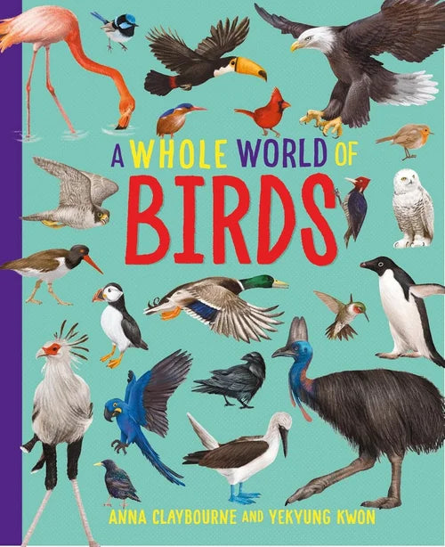 Book cover of 'A Whole World of Birds' with illustrations of various birds on a teal background.