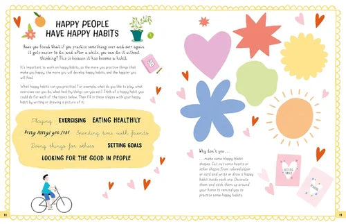 Page from a book with colorful illustrations and text about happy habits.