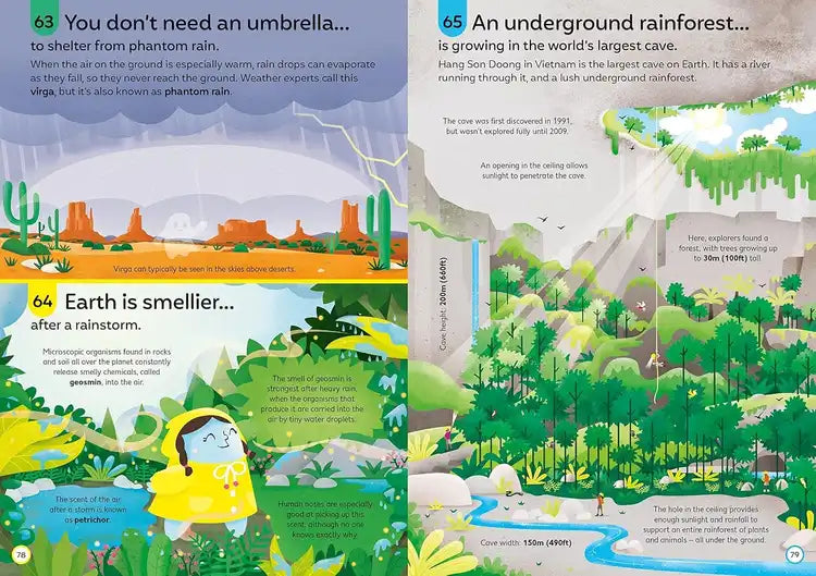 Illustrated pages from a children's book about weather and nature.