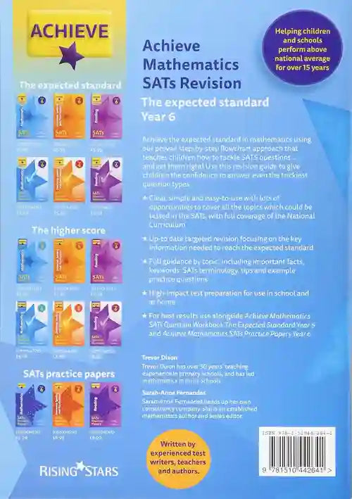 Back cover of a mathematics revision book for Year 6 SATs with Achieve branding.