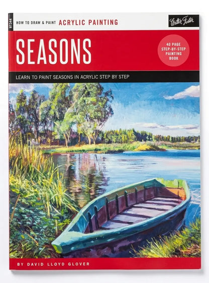 Acrylic painting book cover with a boat on a lake and trees, titled 'Seasons'.