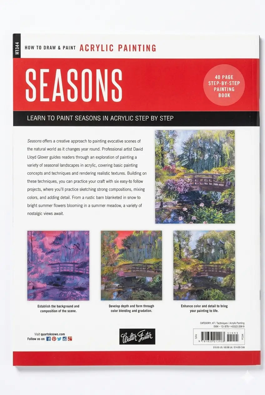 Book cover of 'How to Draw & Paint Acrylic Painting: Seasons' with images of landscapes and text.