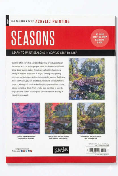 Book cover of 'How to Draw & Paint Acrylic Painting: Seasons' with images of landscapes and text.