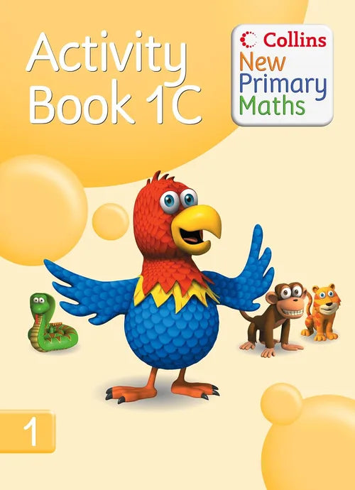 Collins New Primary Maths Activity Book 1C with a colorful parrot illustration on a yellow background
