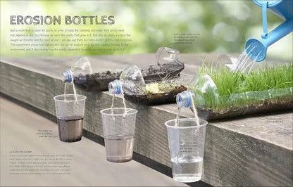 Erosion bottles experiment with cups and soil on a wooden surface.