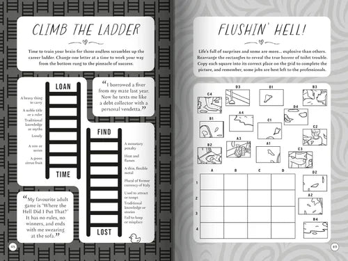Two pages from a book with text and illustrations, featuring a ladder and various images.