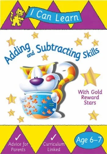 Book cover of 'I Can Learn Adding and Subtracting Skills' with a cat illustration and star design.