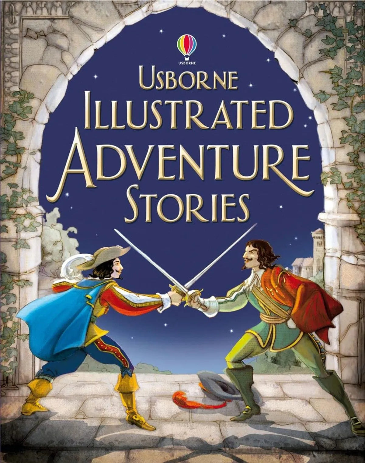 Book cover of 'Usborne Illustrated Adventure Stories' with two characters in a sword fight.