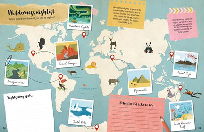 World map with travel-themed illustrations and notes on a blue background