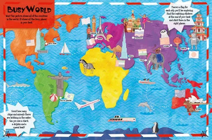 Colorful world map with cartoon animals and landmarks, featuring the 'Busy World' brand.