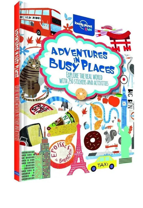Children's book titled 'Adventures in Busy Places' with colorful illustrations on a white background