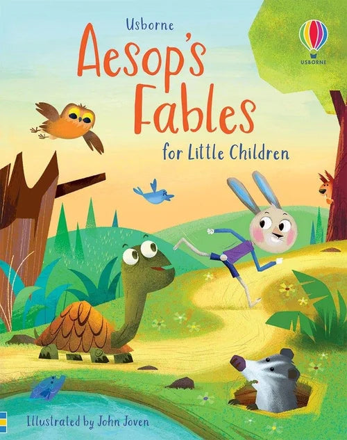 Book cover of 'Aesop's Fables for Little Children' with cartoon animals in a forest setting.