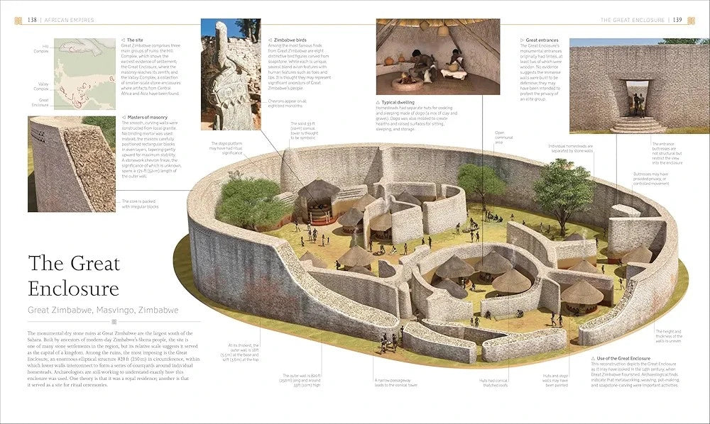 Architectural model of 'The Great Enclosure' with explanatory text and images on a white background.
