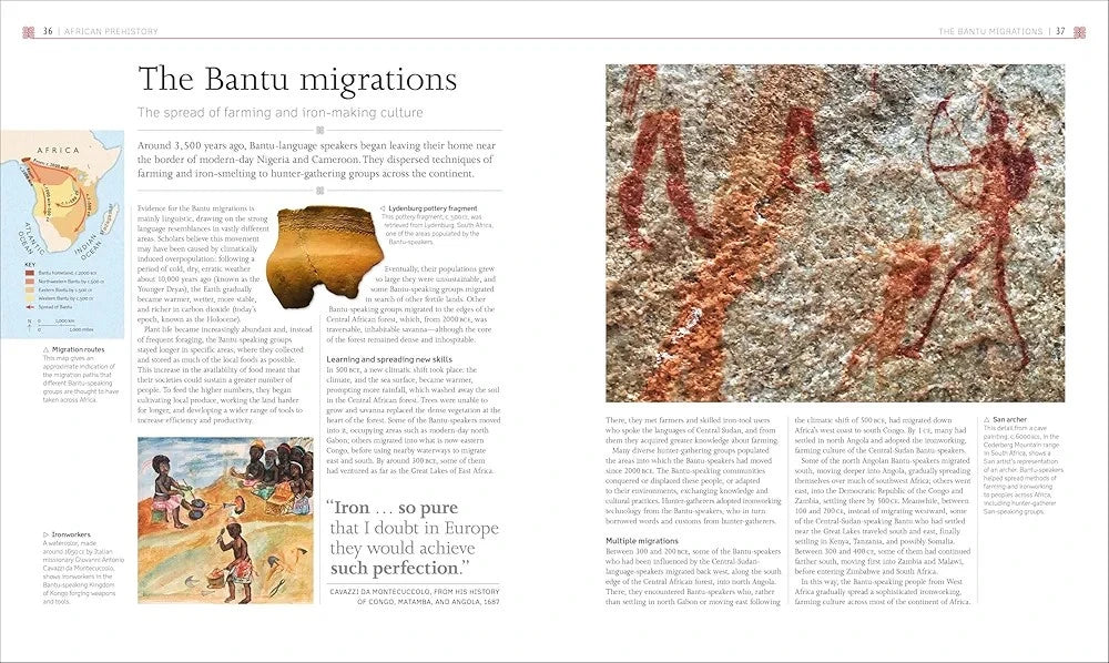 Page from a book about Bantu migrations with illustrations and text.