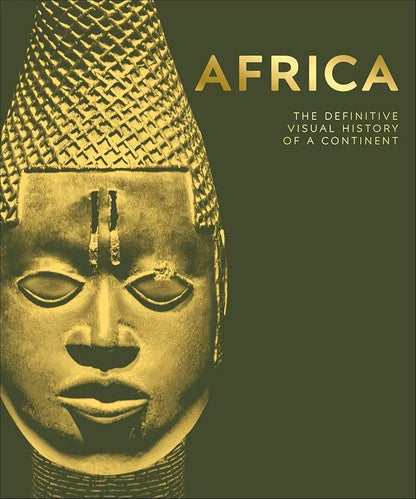 Book cover with African sculpture and text 'AFRICA: The Definitive Visual History of a Continent' on a green background