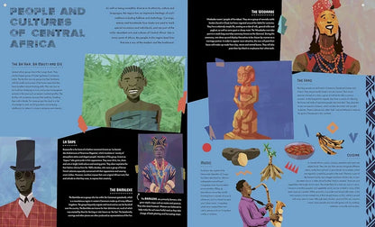 Illustrated book or magazine spread about people and cultures of Central Africa with various characters and text.