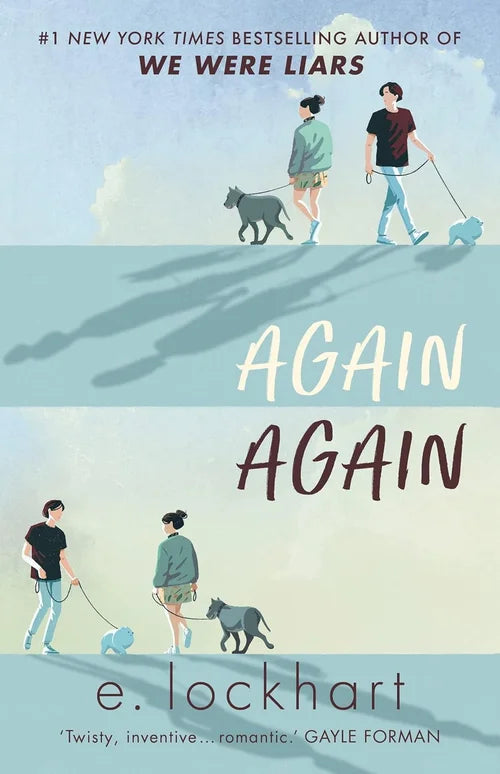 Book cover of 'Again Again' by e. lockhart featuring two people walking dogs on a beach.