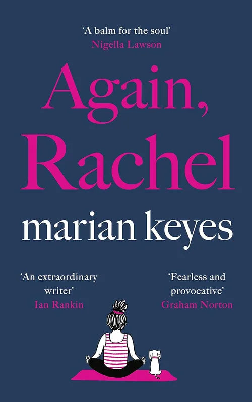 Book cover of 'Again, Rachel' by Marian Keyes with a person meditating on a blue background.