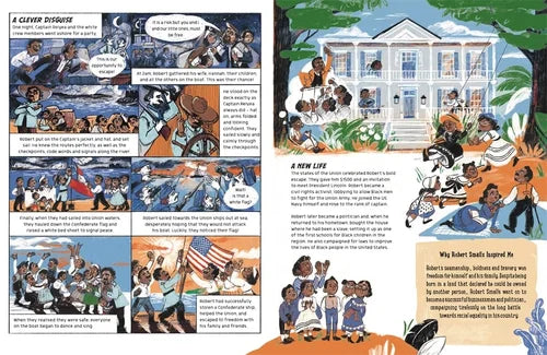 Illustrated book page with historical events and figures, featuring text and images of people in various activities.