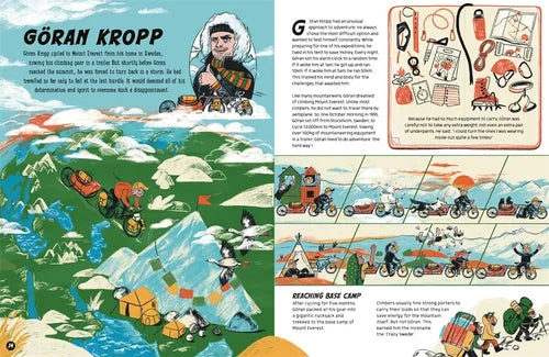 Illustrated map of a journey with characters and activities, featuring text and graphics.