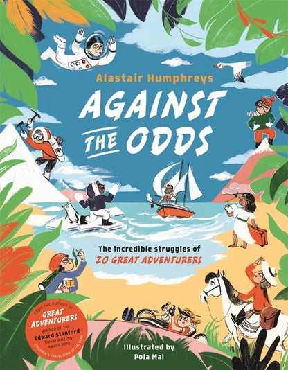 Book cover of 'Against the Odds' with colorful illustrations of adventurers.
