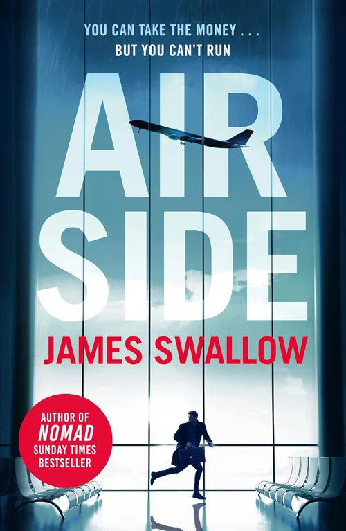 Book cover of 'Airside' by James Swallow with a silhouette of a person running towards an airplane.