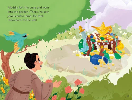 Illustration from a children's book showing Aladdin with a lamp and jewels in a garden.