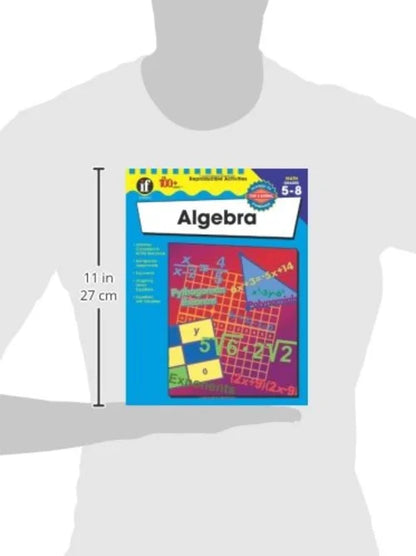 T-shirt with an algebra workbook cover held by a hand, showing dimensions.