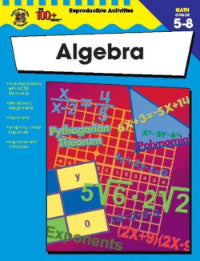 Book cover of 'Algebra' with mathematical equations and terms on a colorful background