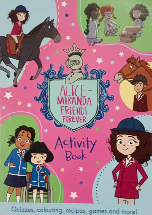 Cover of 'Alice Miranda Friends Forever Activity Book' with illustrations of characters and activities on a pink background.