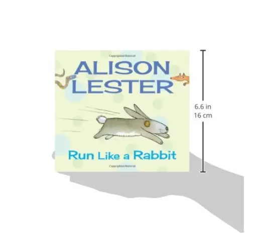 Book cover of 'Run Like a Rabbit' by Alison Lester with a measurement label on a white background