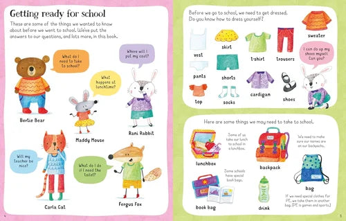 Children's book page about getting ready for school with illustrations and text.