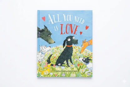 Book cover with cartoon animals and 'All You Need Is Love' text on a blue background