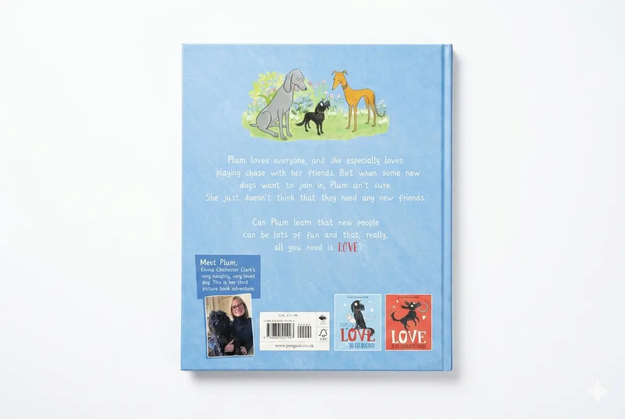 Back cover of a book with illustrations of dogs and text on a light blue background