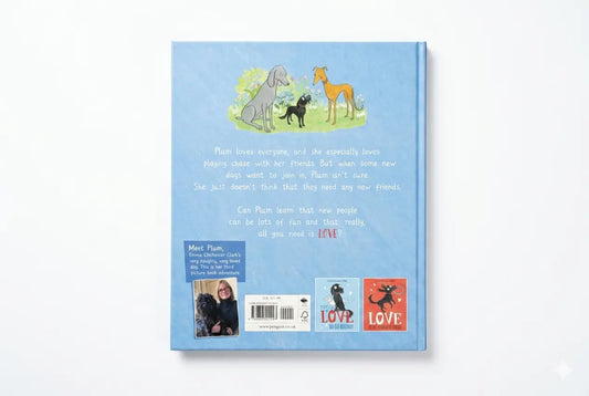 Back cover of a book with illustrations of dogs and text on a light blue background