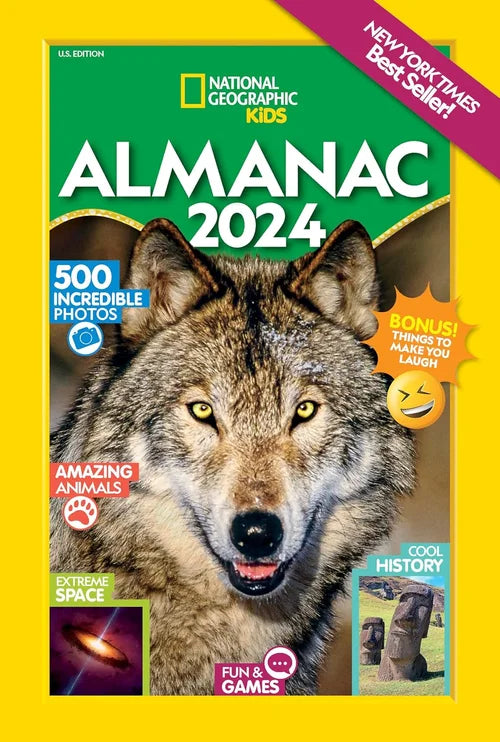 National Geographic Kids Almanac 2024 book cover with a wolf on a yellow and green background